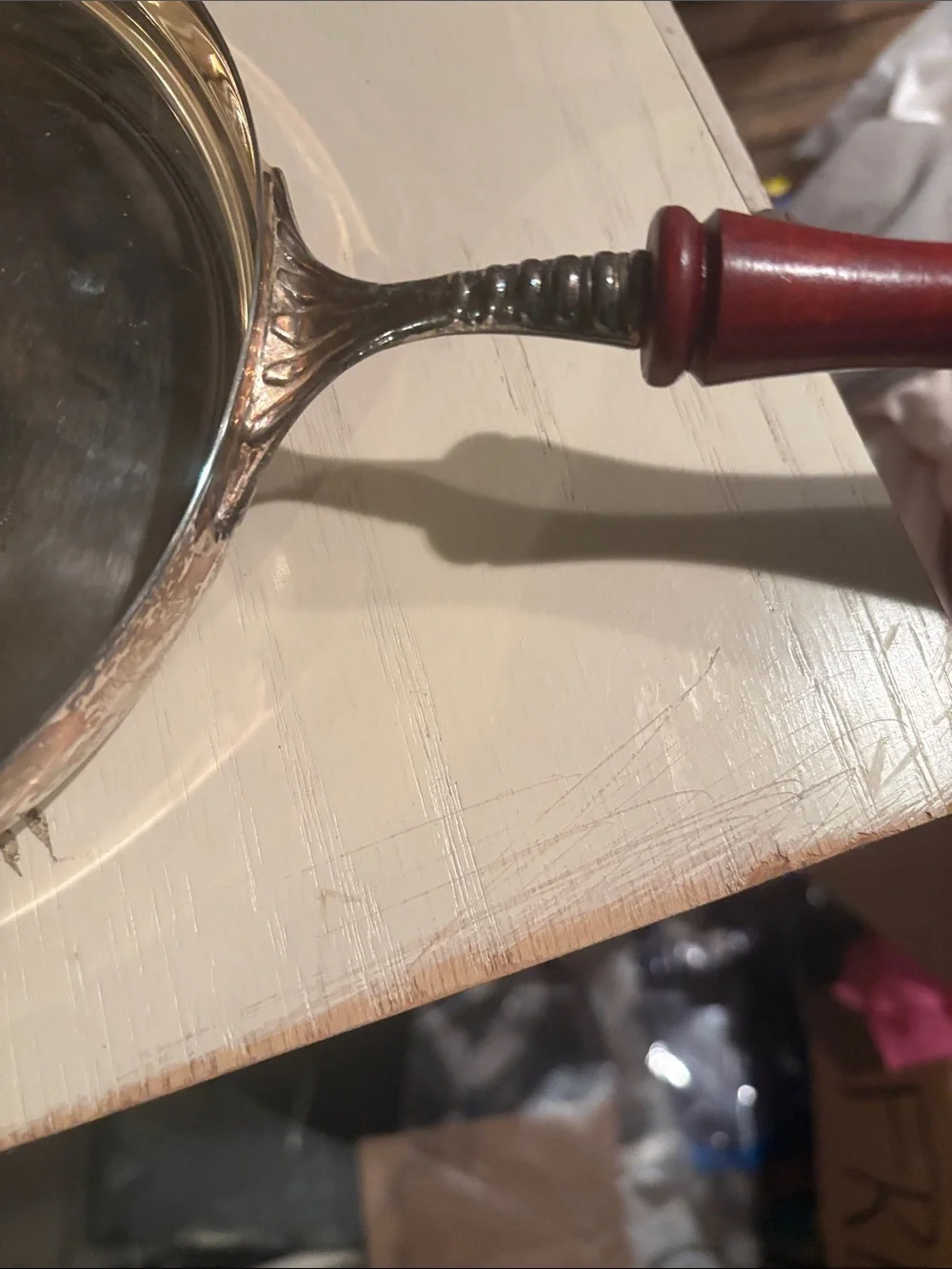 Italian silver plated sauce or crepes pan wooden handles